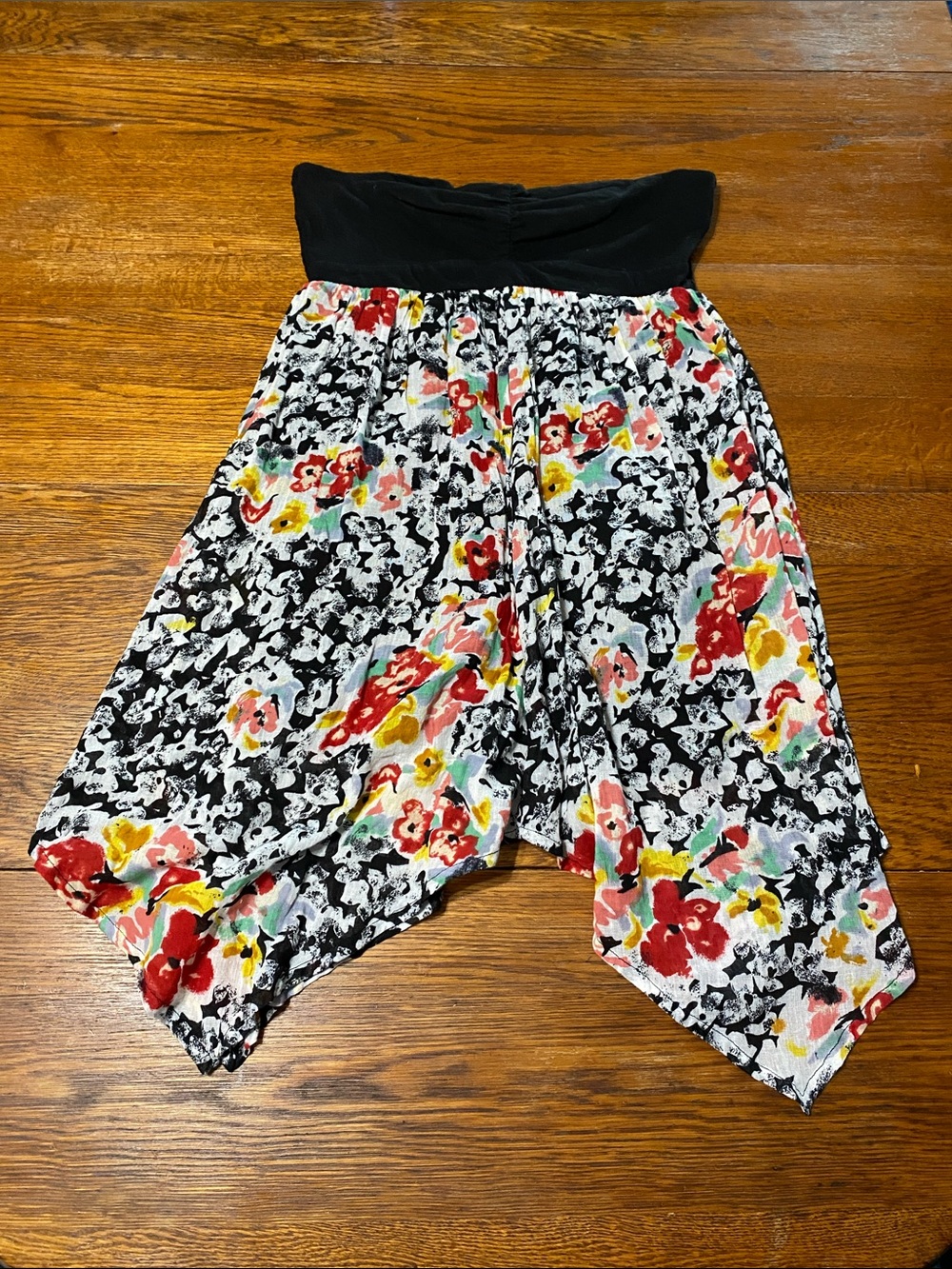 Volcom Black Floral Asymmetrical Handkerchief Skirt with Pastel Accents